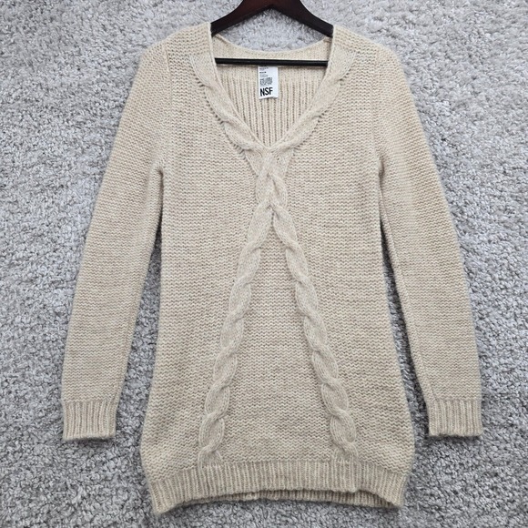 NSF Cable Knit Sweater Womens Medium Beige Alpaca Wool V‑Neck Hand Loomed - Picture 1 of 10